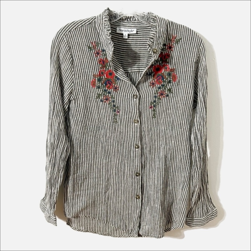 NorthStyle Cotton Linen Blend Button Front Striped Blouse Floral Embroidery 🖤🤍